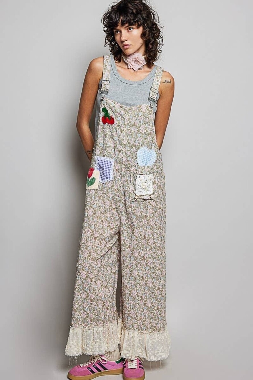 POL White Floral Patch and Lace Detail Overalls LG